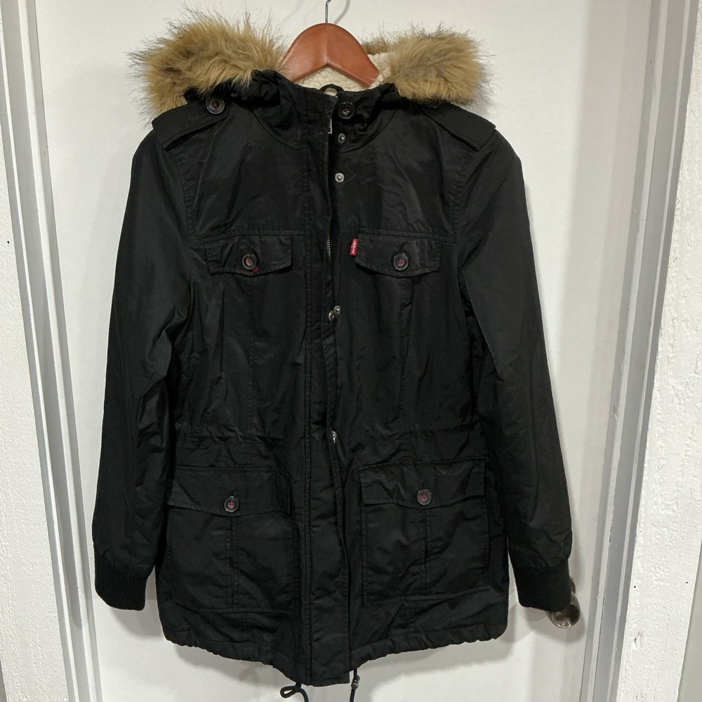 Levi's Sherpa Lined Utility Coat Parka, Faux Fur Hood, Black, Size S